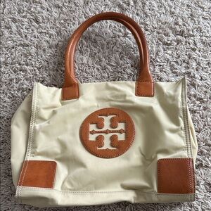 Tory Burch Cream and Brown Mini Ella Tote Bag